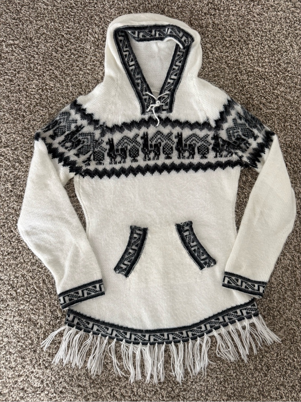 100% Peruvian Alpaca Women’s Boho Hooded Fringe Sweater